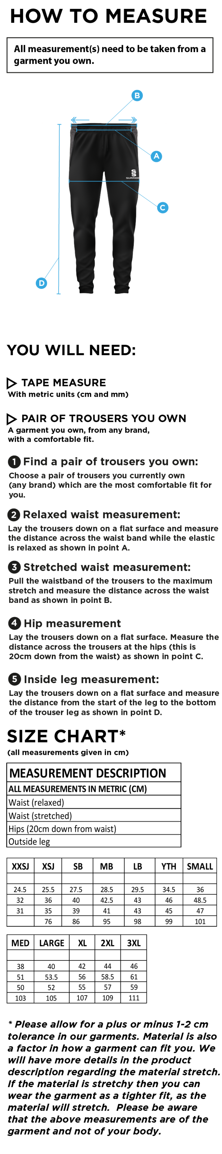 Goldsmith UCC - Tek Slim Pant - Size Guide