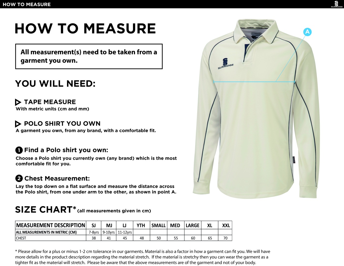 Goldsmith UCC - Premier Long Sleeve White Trim Shirt - Size Guide