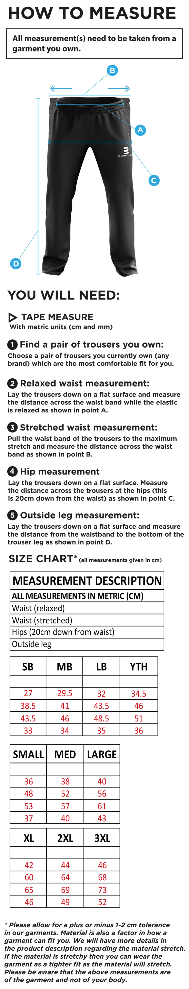Goldsmith UCC - Ripstop Track Pant - Size Guide