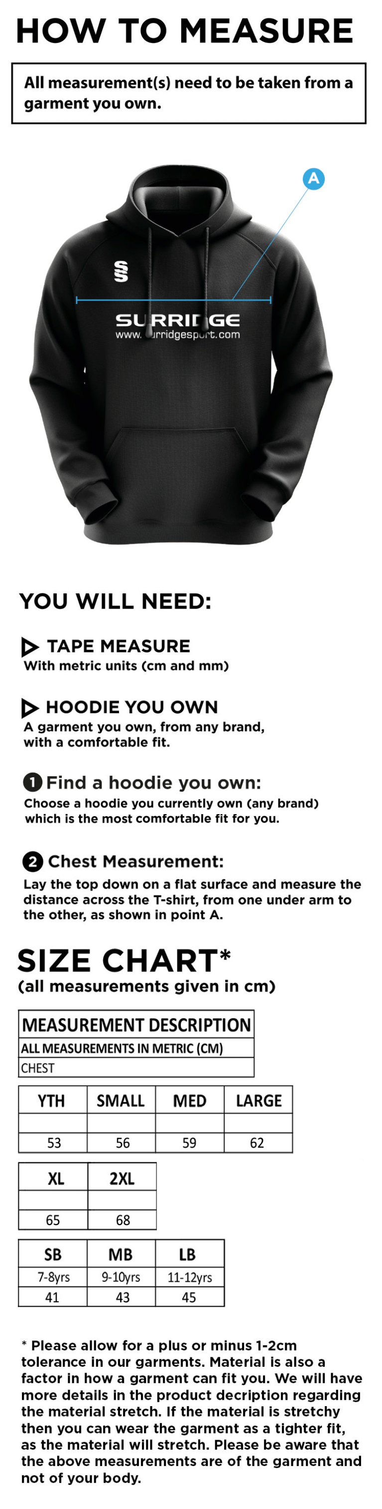 Goldsmith UCC - Blade Hoody - Size Guide