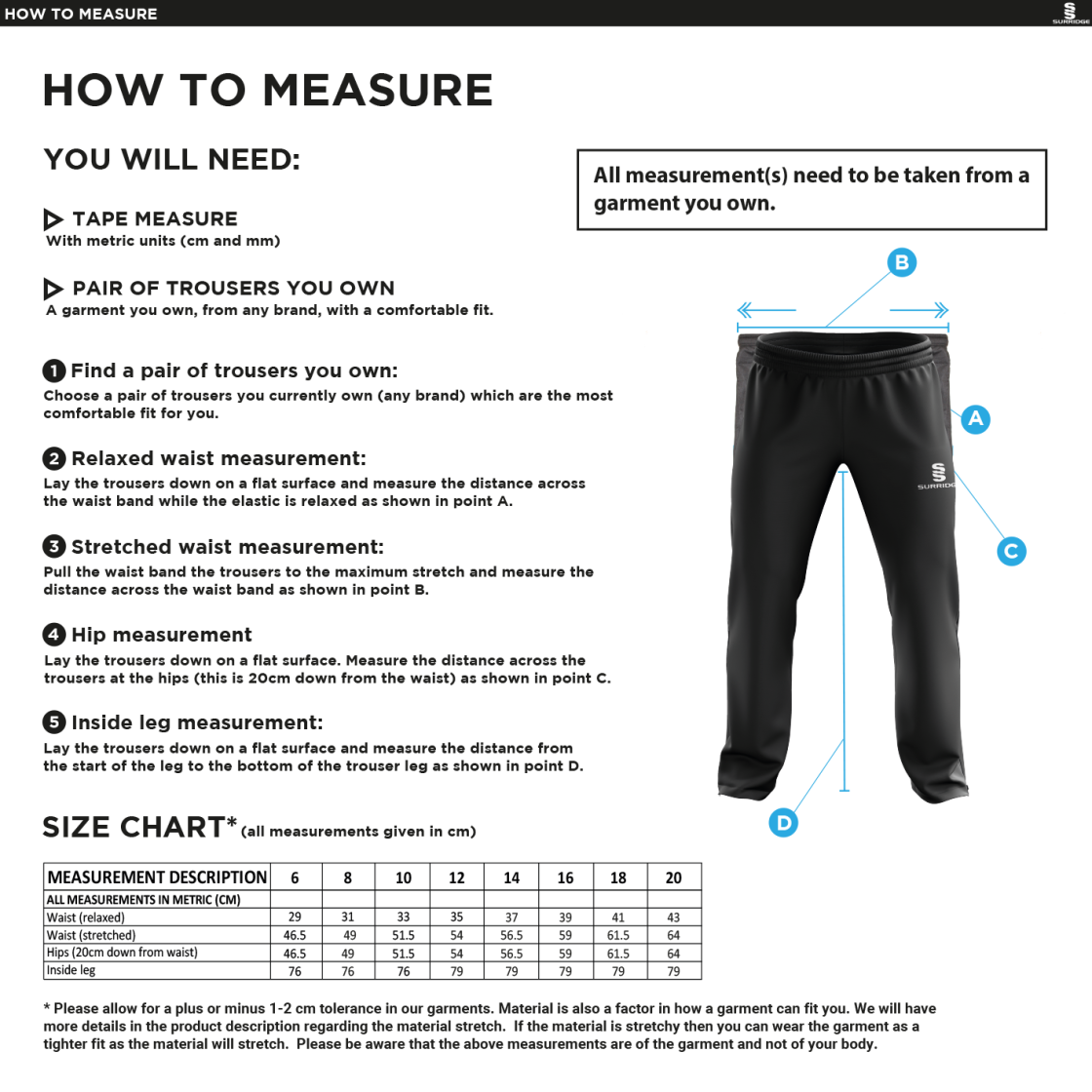 Goldsmith UCC - Women's Poplin Track Pant - Size Guide