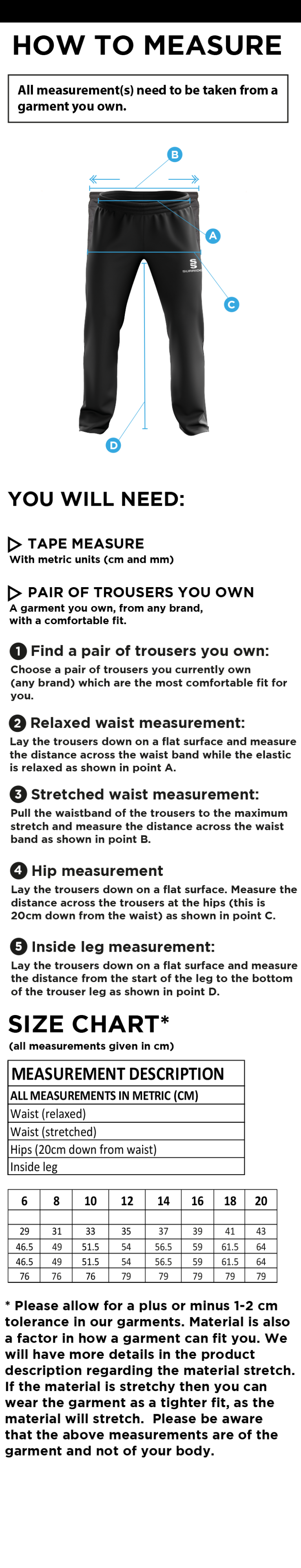 Goldsmith UCC - Women's Poplin Track Pant - Size Guide