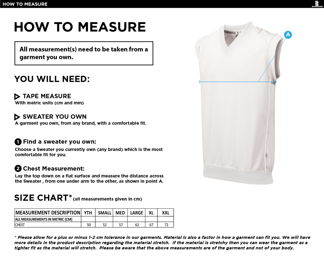 Goldsmith UCC - Sleeveless Sweater White Trim - Size Guide