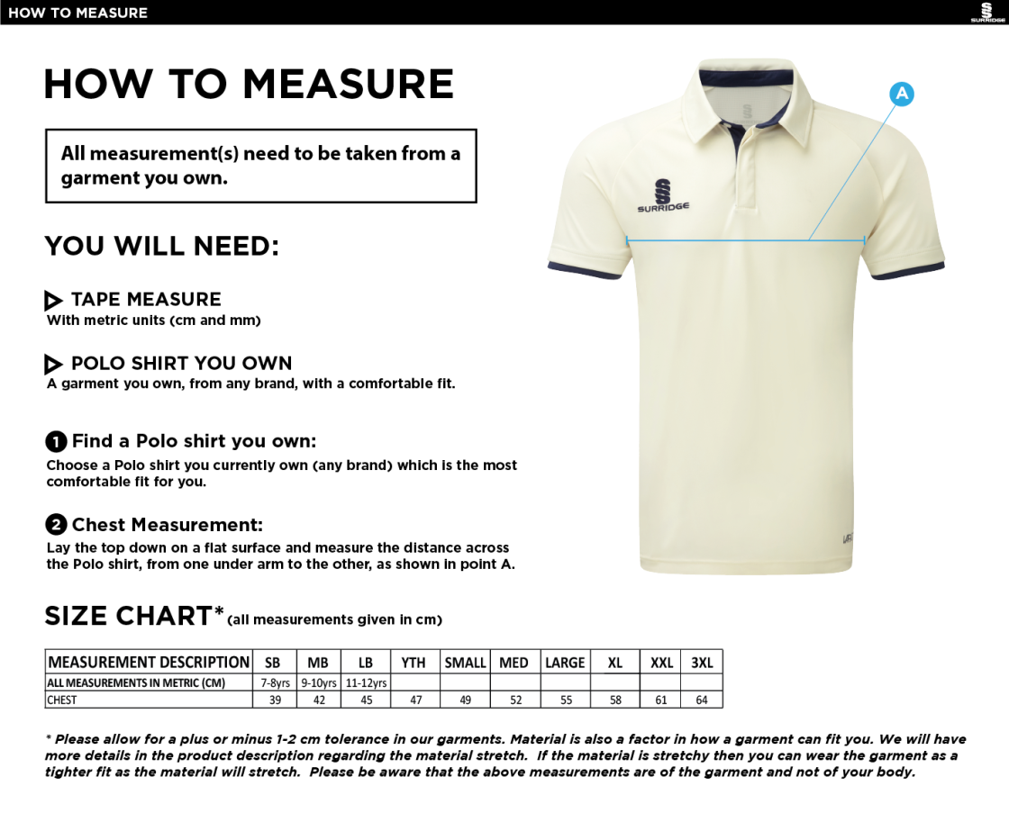 Goldsmith UCC - Ergo Short Sleeve White Trim Shirt - Size Guide