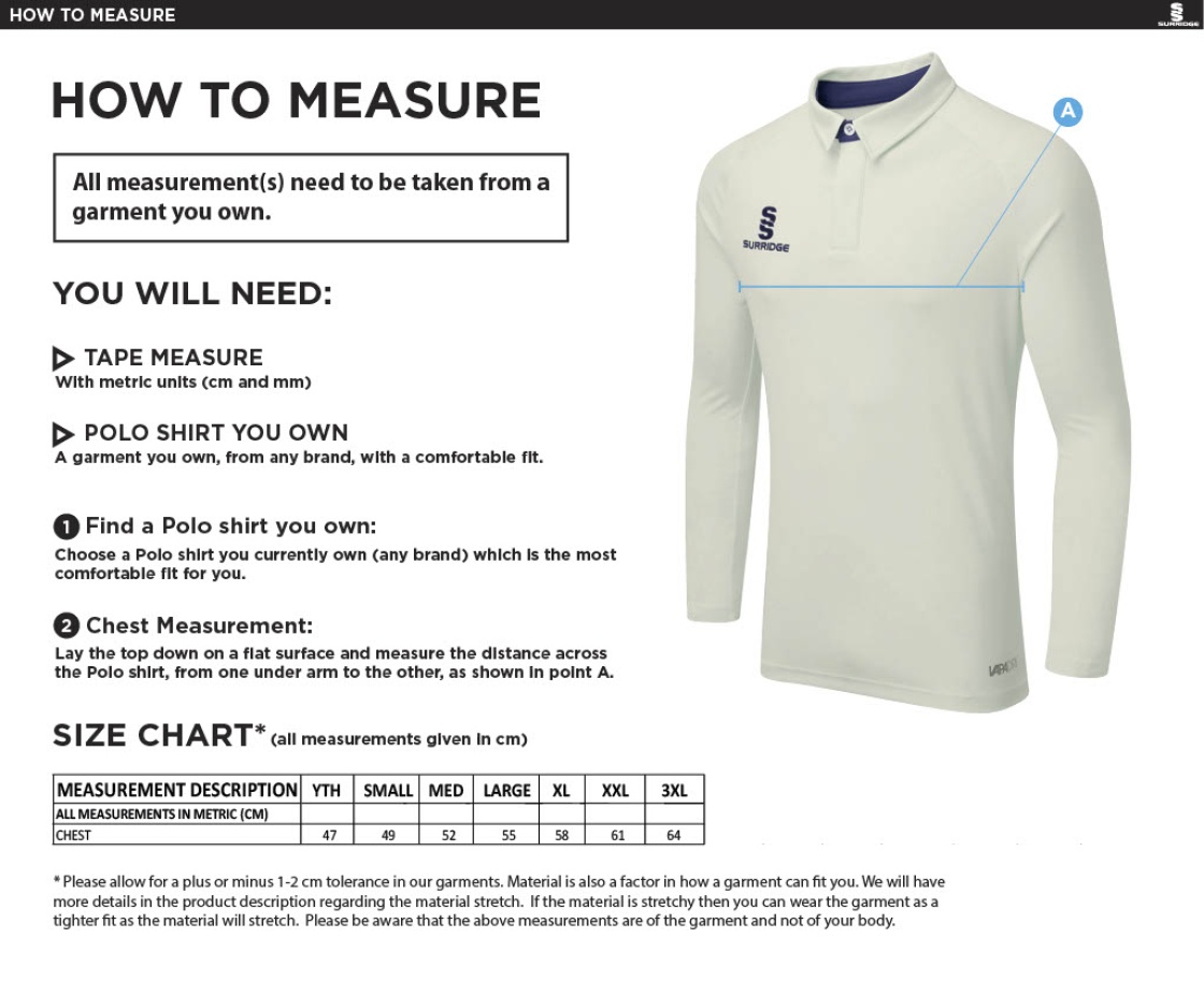 Goldsmith UCC - Ergo Long Sleeve White Trim Shirt - Size Guide