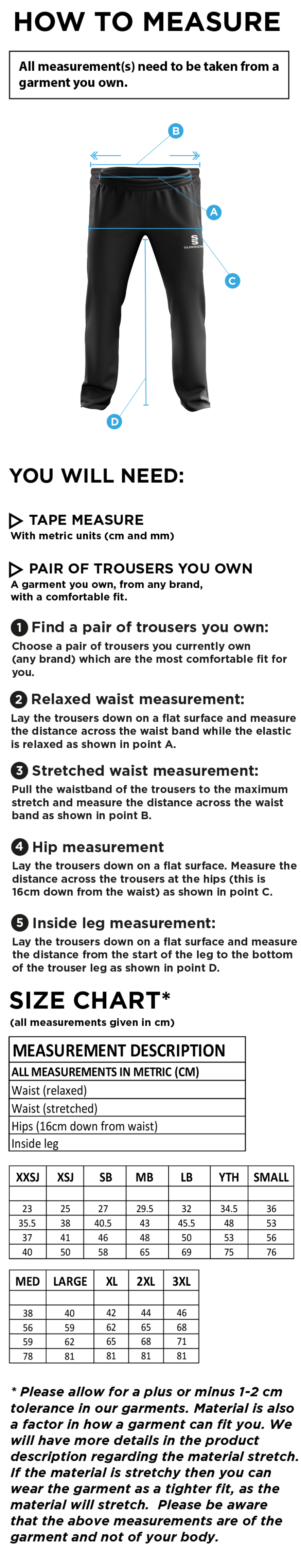 Goldsmith UCC - Poplin Track Pant - Size Guide