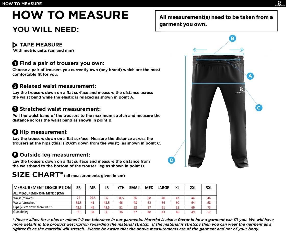 Goldsmith UCC - Ripstop Track Pant - Size Guide