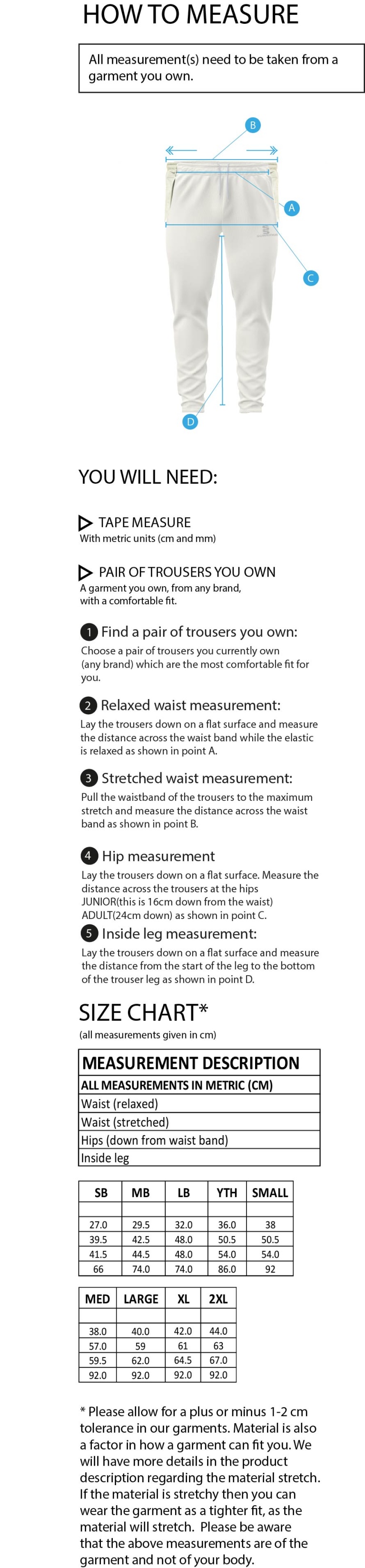 Goldsmith UCC - Tek Playing Pant - Size Guide
