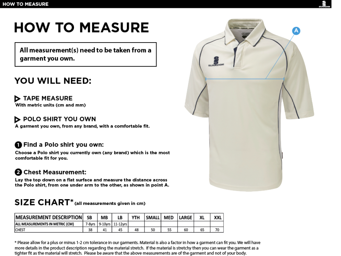 Goldsmith UCC - Premier 3/4 Sleeve White Trim Shirt - Size Guide