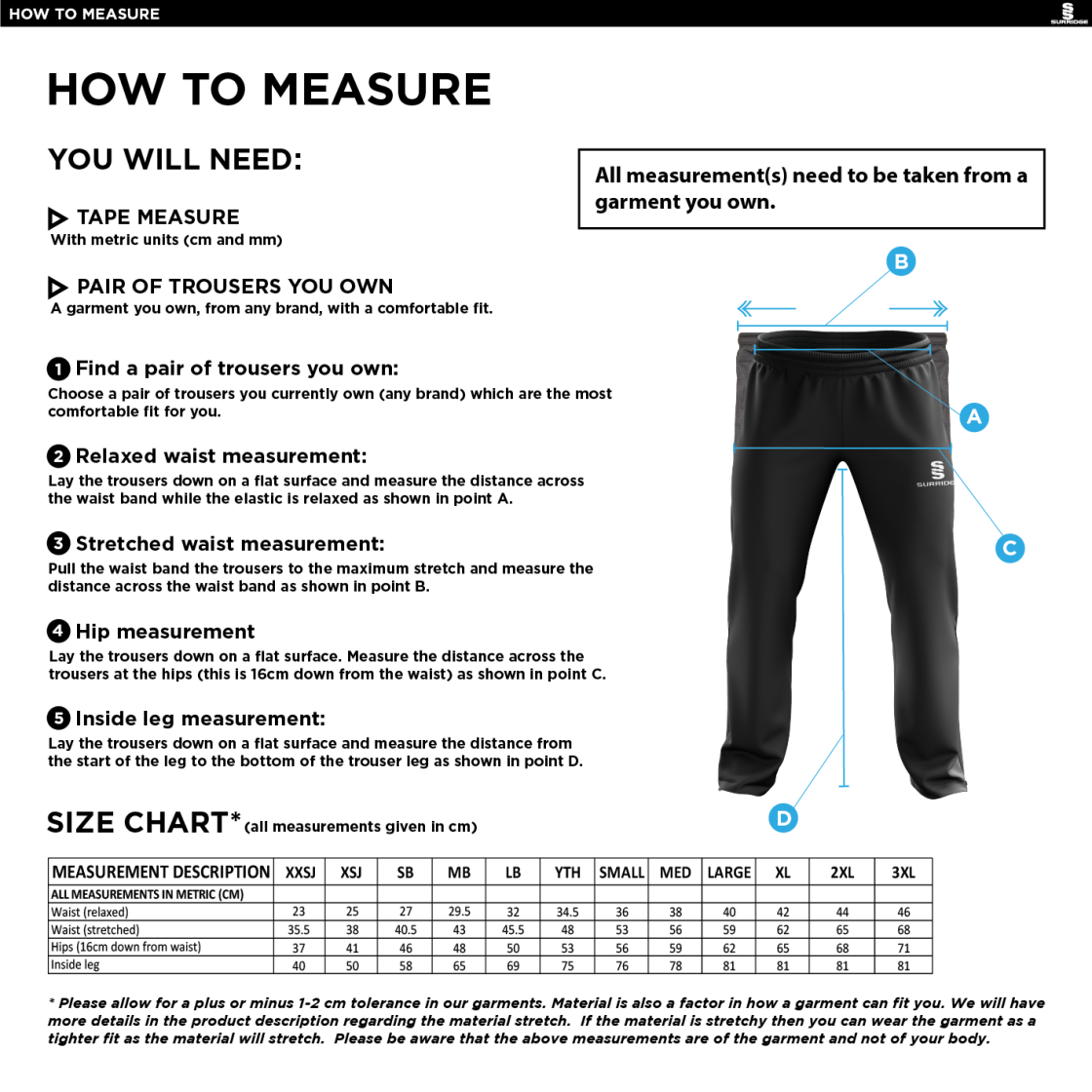Goldsmith UCC - Poplin Track Pant - Size Guide